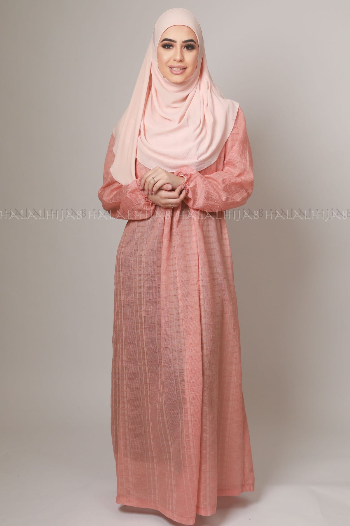 Bright Coral Peach Full Sleeve Dress - Classy Corner